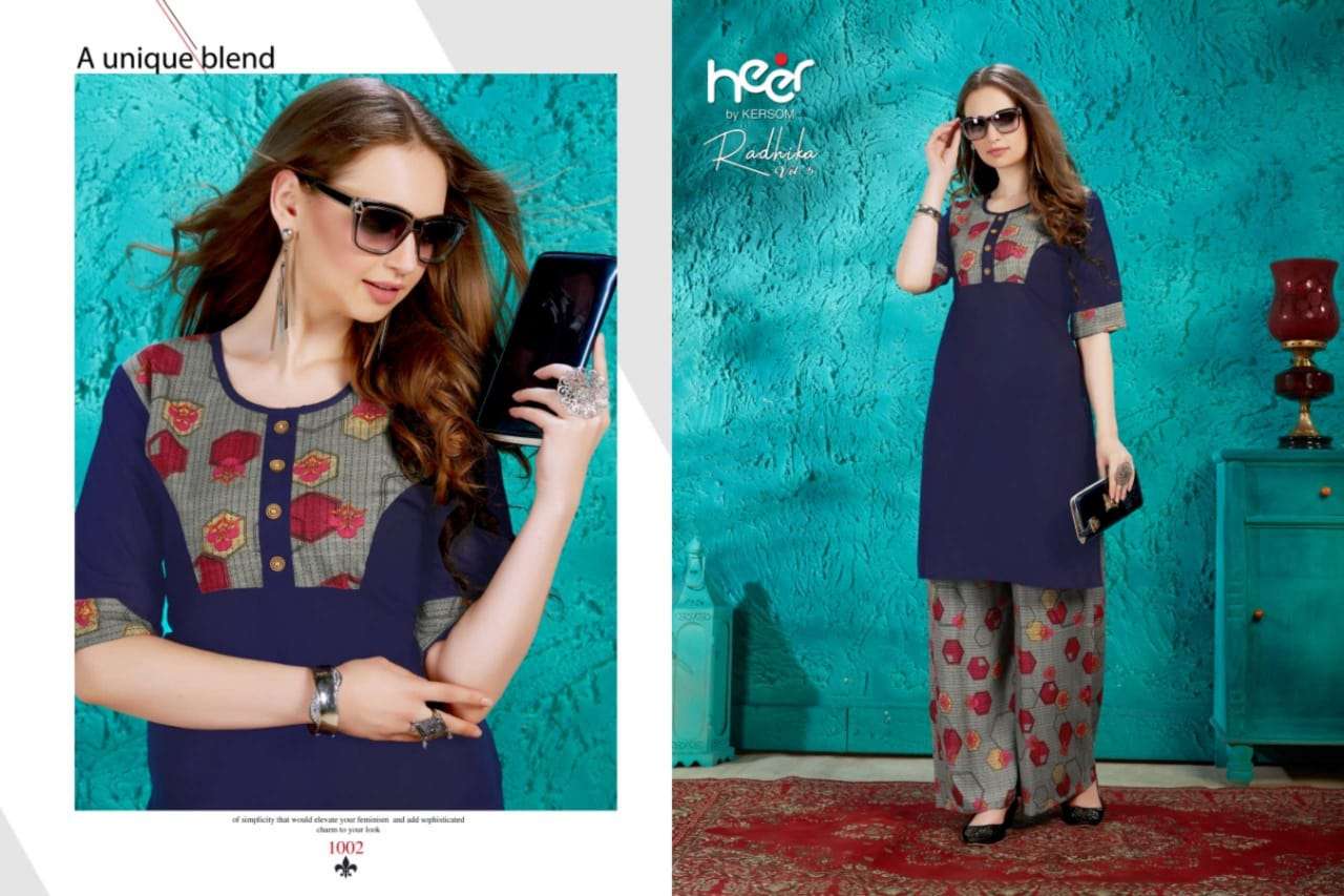 RADHIKA VOL-5 BY HEER 1001 TO 1008 SERIES STYLISH FANCY BEAUTIFUL COLORFUL CASUAL WEAR & ETHNIC WEAR COTTON KURTIS WITH BOTTOM AT WHOLESALE PRICE