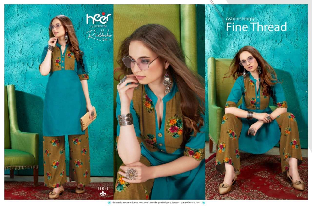 RADHIKA VOL-5 BY HEER 1001 TO 1008 SERIES STYLISH FANCY BEAUTIFUL COLORFUL CASUAL WEAR & ETHNIC WEAR COTTON KURTIS WITH BOTTOM AT WHOLESALE PRICE