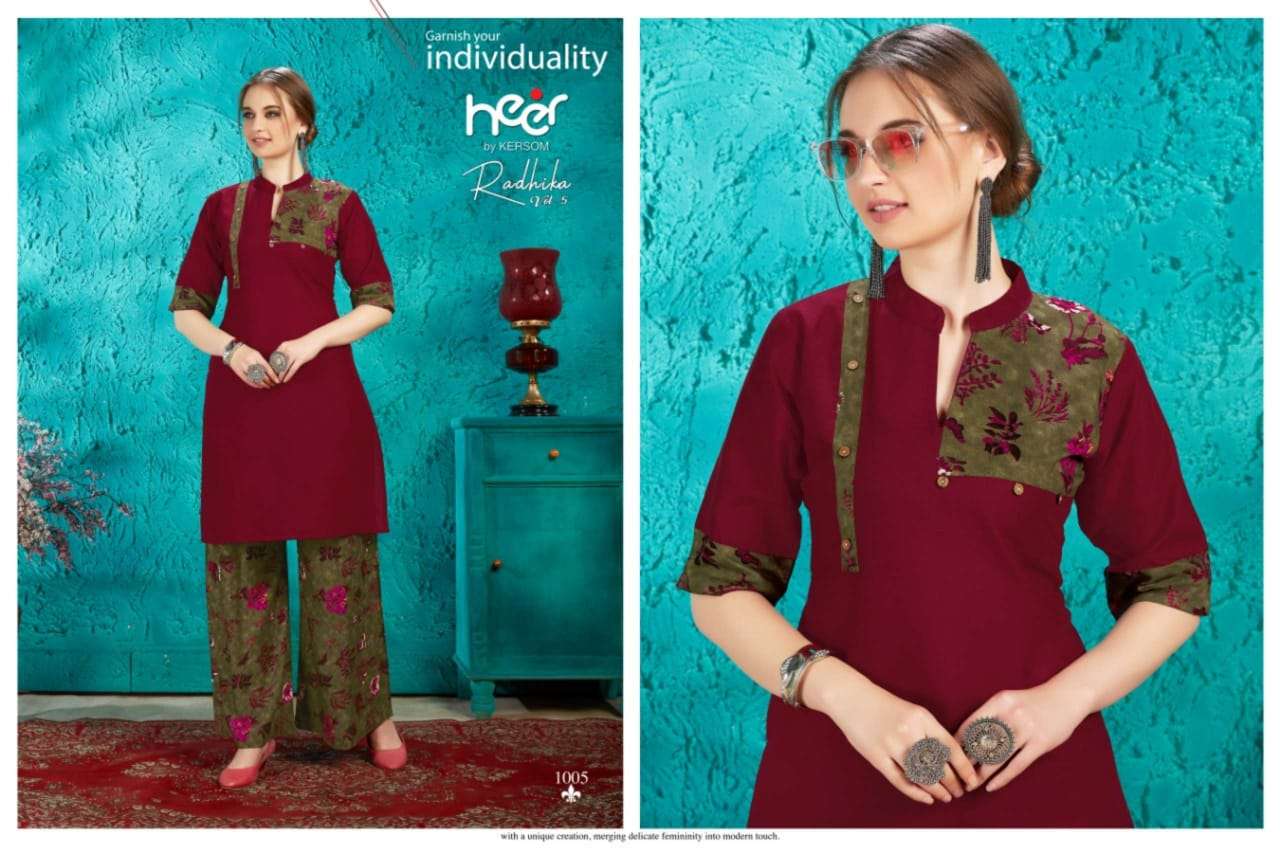 RADHIKA VOL-5 BY HEER 1001 TO 1008 SERIES STYLISH FANCY BEAUTIFUL COLORFUL CASUAL WEAR & ETHNIC WEAR COTTON KURTIS WITH BOTTOM AT WHOLESALE PRICE