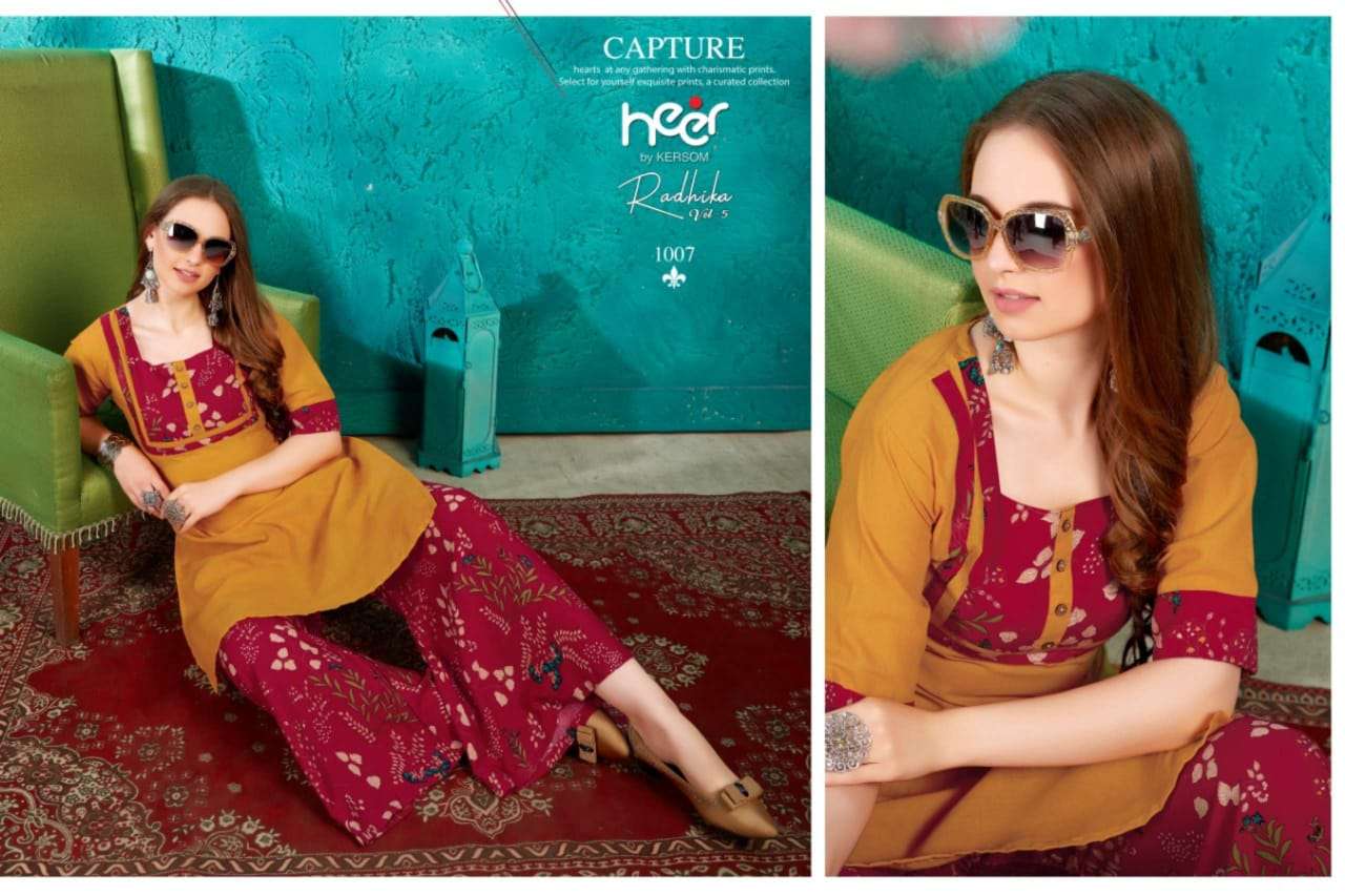 RADHIKA VOL-5 BY HEER 1001 TO 1008 SERIES STYLISH FANCY BEAUTIFUL COLORFUL CASUAL WEAR & ETHNIC WEAR COTTON KURTIS WITH BOTTOM AT WHOLESALE PRICE