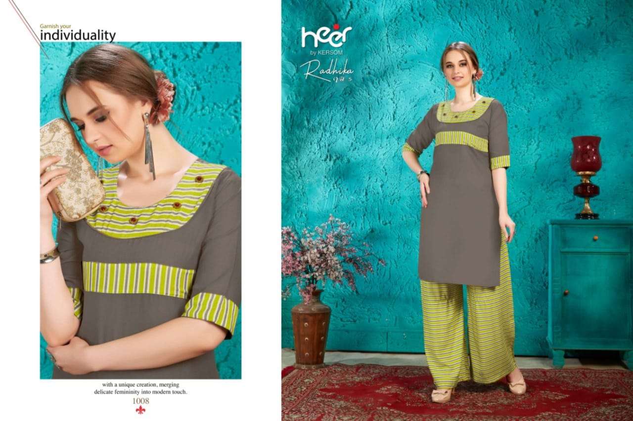 RADHIKA VOL-5 BY HEER 1001 TO 1008 SERIES STYLISH FANCY BEAUTIFUL COLORFUL CASUAL WEAR & ETHNIC WEAR COTTON KURTIS WITH BOTTOM AT WHOLESALE PRICE