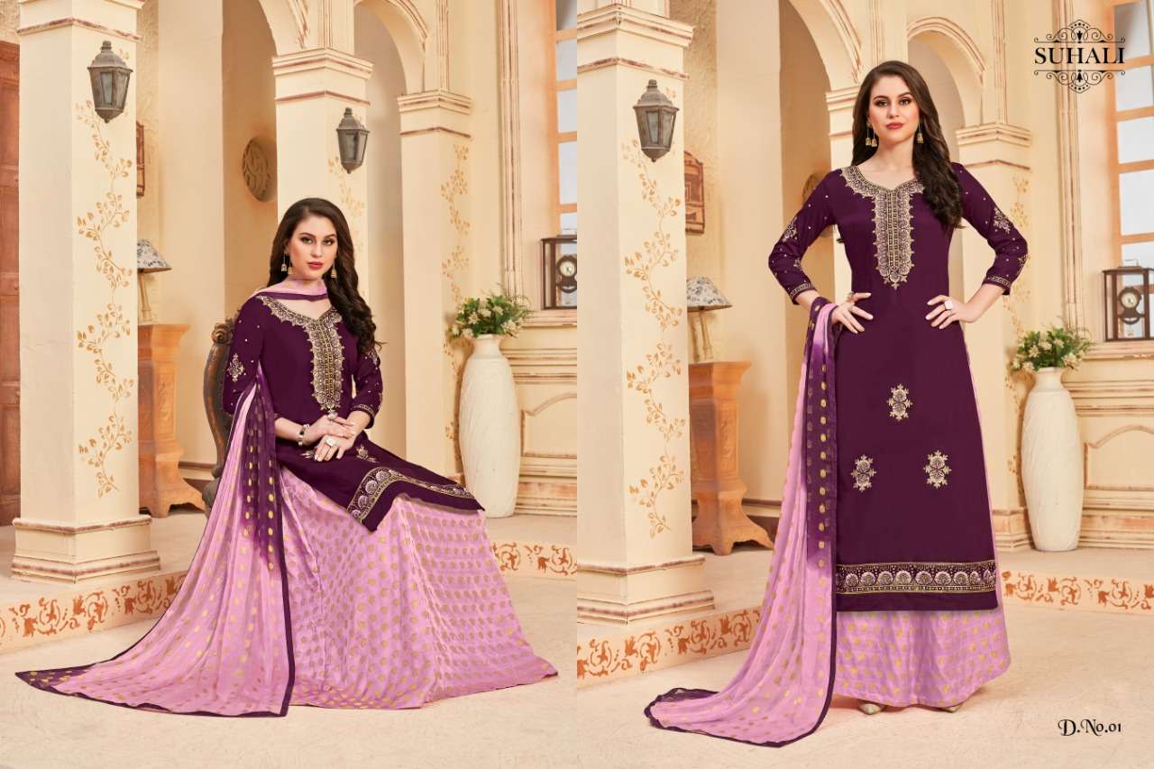 MEHZEEN BY SUHALI 01 TO 04 SERIES BEAUTIFUL STYLISH SHARARA SUITS FANCY COLORFUL CASUAL WEAR & ETHNIC WEAR & READY TO WEAR JAM SATIN EMBROIDERY DRESSES AT WHOLESALE PRICE