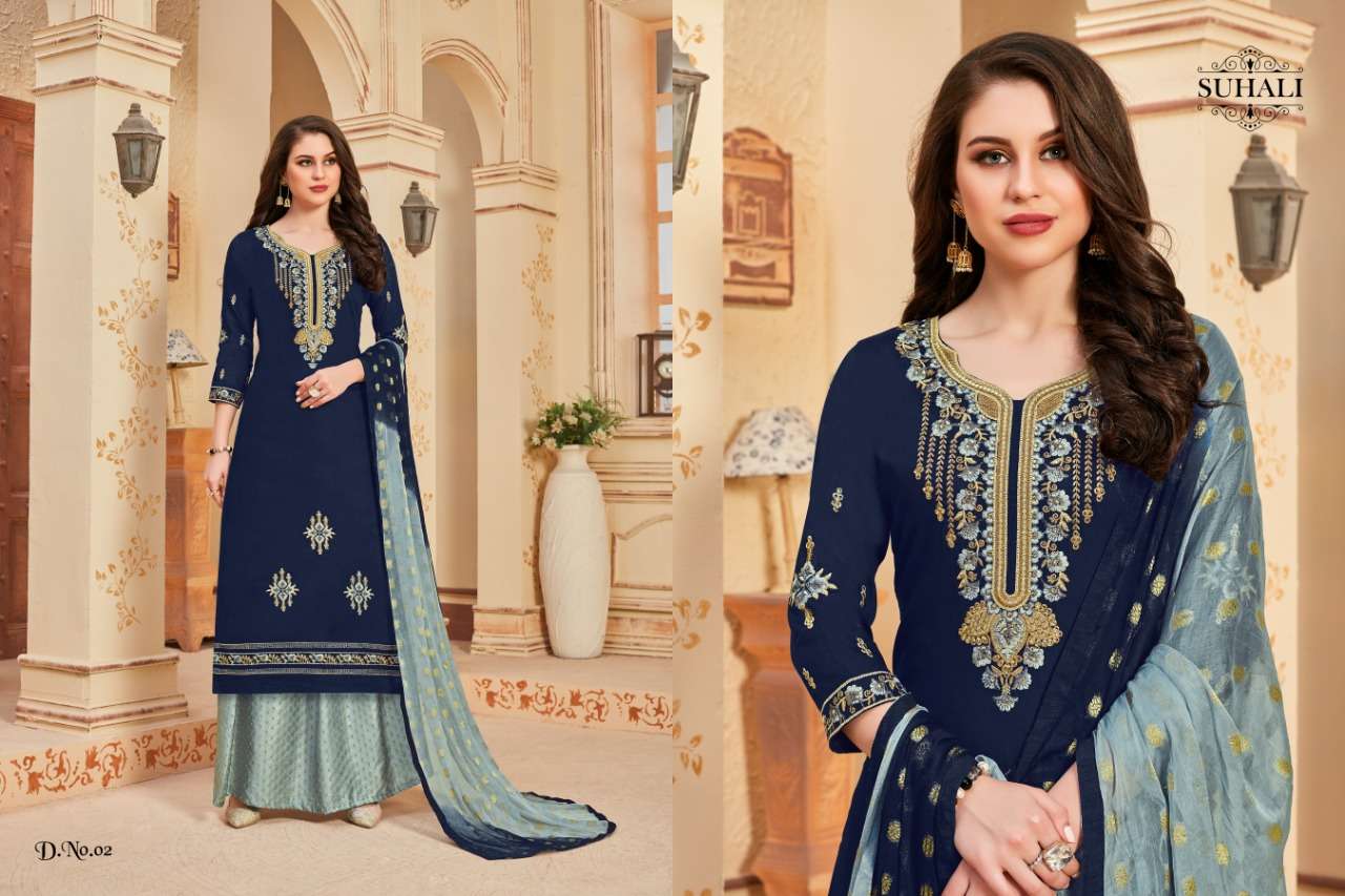 MEHZEEN BY SUHALI 01 TO 04 SERIES BEAUTIFUL STYLISH SHARARA SUITS FANCY COLORFUL CASUAL WEAR & ETHNIC WEAR & READY TO WEAR JAM SATIN EMBROIDERY DRESSES AT WHOLESALE PRICE