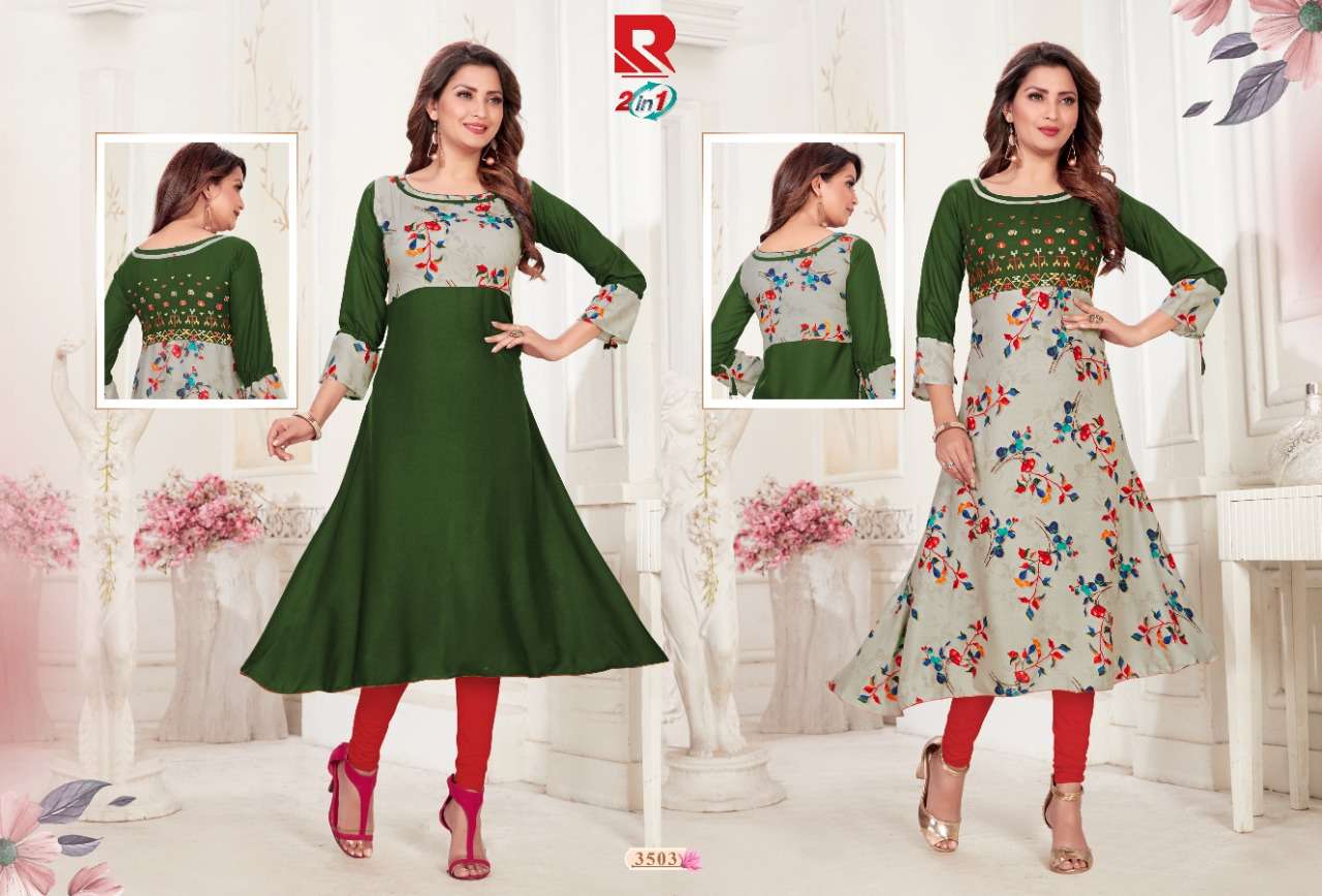 TWO IN ONE BY RAASHI PRINTS 3501 TO 3512 SERIES BEAUTIFUL COLORFUL STYLISH FANCY CASUAL WEAR & ETHNIC WEAR & READY TO WEAR HEAVY RAYON PRINTED KURTIS AT WHOLESALE PRICE