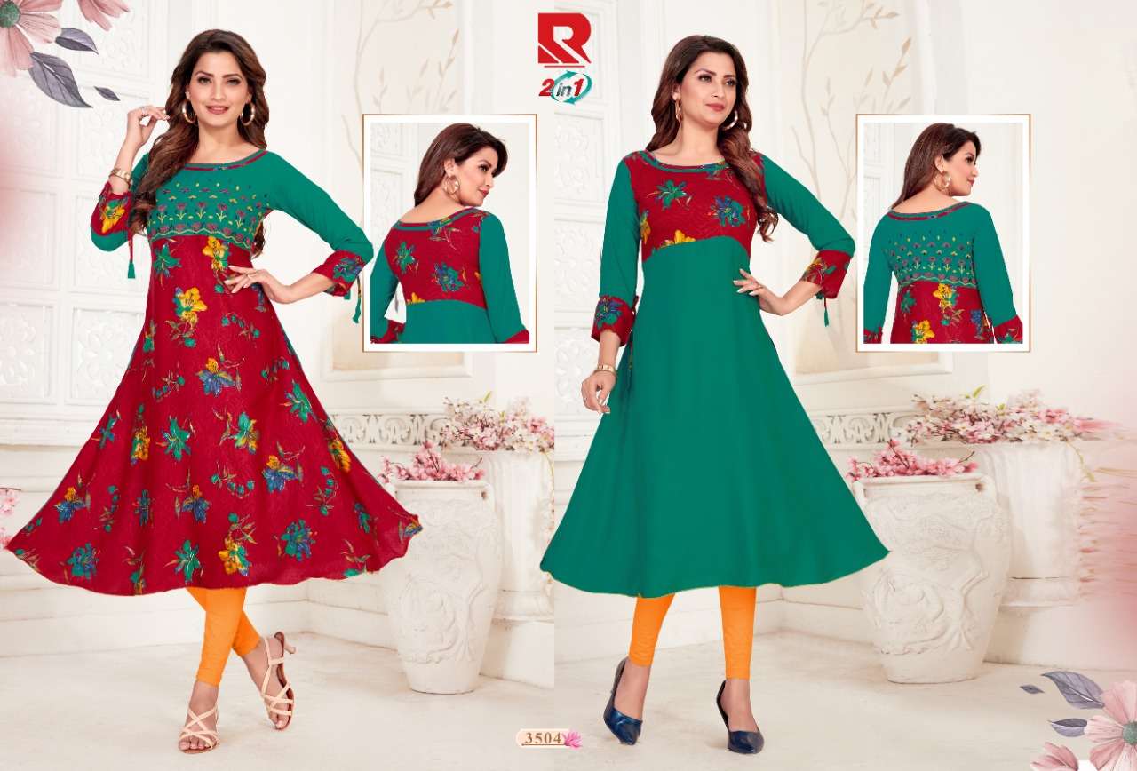 TWO IN ONE BY RAASHI PRINTS 3501 TO 3512 SERIES BEAUTIFUL COLORFUL STYLISH FANCY CASUAL WEAR & ETHNIC WEAR & READY TO WEAR HEAVY RAYON PRINTED KURTIS AT WHOLESALE PRICE
