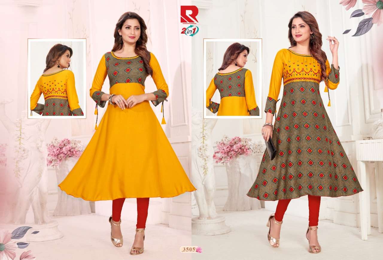 TWO IN ONE BY RAASHI PRINTS 3501 TO 3512 SERIES BEAUTIFUL COLORFUL STYLISH FANCY CASUAL WEAR & ETHNIC WEAR & READY TO WEAR HEAVY RAYON PRINTED KURTIS AT WHOLESALE PRICE