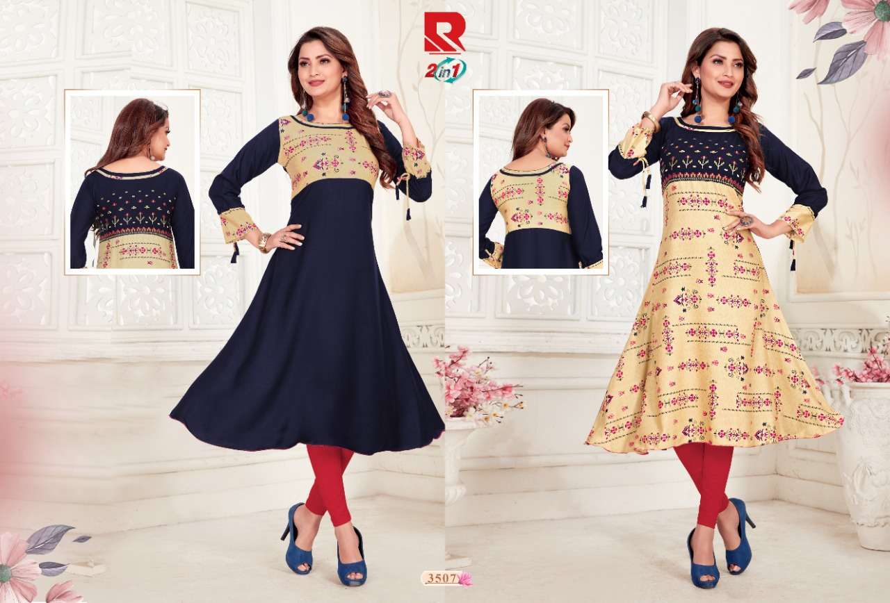 TWO IN ONE BY RAASHI PRINTS 3501 TO 3512 SERIES BEAUTIFUL COLORFUL STYLISH FANCY CASUAL WEAR & ETHNIC WEAR & READY TO WEAR HEAVY RAYON PRINTED KURTIS AT WHOLESALE PRICE