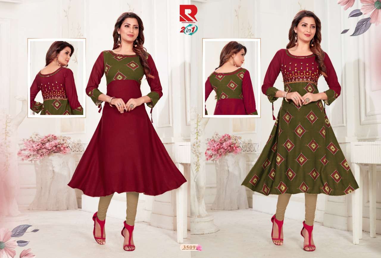 TWO IN ONE BY RAASHI PRINTS 3501 TO 3512 SERIES BEAUTIFUL COLORFUL STYLISH FANCY CASUAL WEAR & ETHNIC WEAR & READY TO WEAR HEAVY RAYON PRINTED KURTIS AT WHOLESALE PRICE