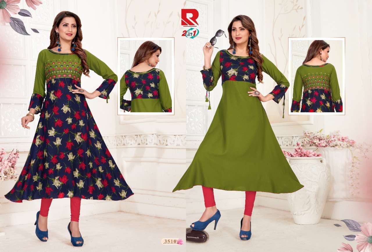 TWO IN ONE BY RAASHI PRINTS 3501 TO 3512 SERIES BEAUTIFUL COLORFUL STYLISH FANCY CASUAL WEAR & ETHNIC WEAR & READY TO WEAR HEAVY RAYON PRINTED KURTIS AT WHOLESALE PRICE