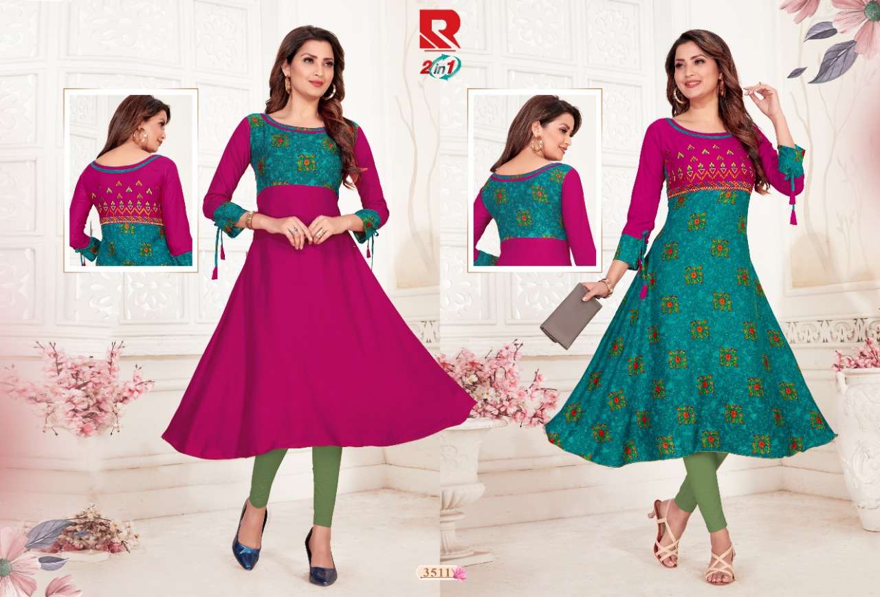 TWO IN ONE BY RAASHI PRINTS 3501 TO 3512 SERIES BEAUTIFUL COLORFUL STYLISH FANCY CASUAL WEAR & ETHNIC WEAR & READY TO WEAR HEAVY RAYON PRINTED KURTIS AT WHOLESALE PRICE