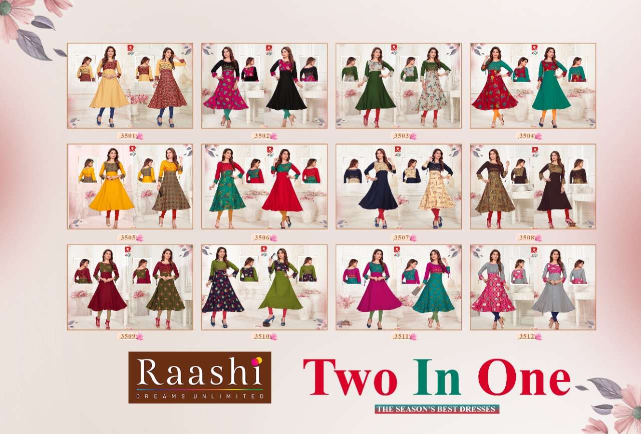 TWO IN ONE BY RAASHI PRINTS 3501 TO 3512 SERIES BEAUTIFUL COLORFUL STYLISH FANCY CASUAL WEAR & ETHNIC WEAR & READY TO WEAR HEAVY RAYON PRINTED KURTIS AT WHOLESALE PRICE
