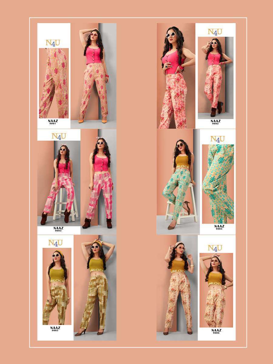 NAAZ BY N4U 9001 TO 9006 SERIES BEAUTIFUL STYLISH FANCY COLORFUL PARTY WEAR & ETHNIC WEAR COTTON FLEX PRINTED PANTS AT WHOLESALE PRICE