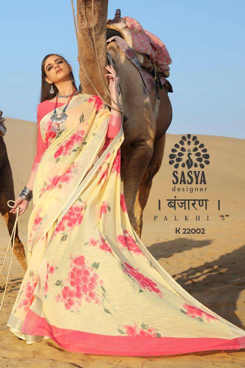 PALKHI VOL-5 BY SASYA DESIGNER 22001 TO 22010 SERIES INDIAN TRADITIONAL WEAR COLLECTION BEAUTIFUL STYLISH FANCY COLORFUL PARTY WEAR & OCCASIONAL WEAR PURE LINEN COTTON PRINTED SAREES AT WHOLESALE PRICE