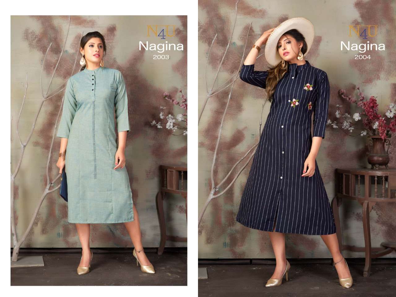 NAGINA BY N4U 2001 TO 2006 SERIES BEAUTIFUL COLORFUL STYLISH FANCY CASUAL WEAR & ETHNIC WEAR & READY TO WEAR KHADI COTTON PRINTED KURTIS AT WHOLESALE PRICE
