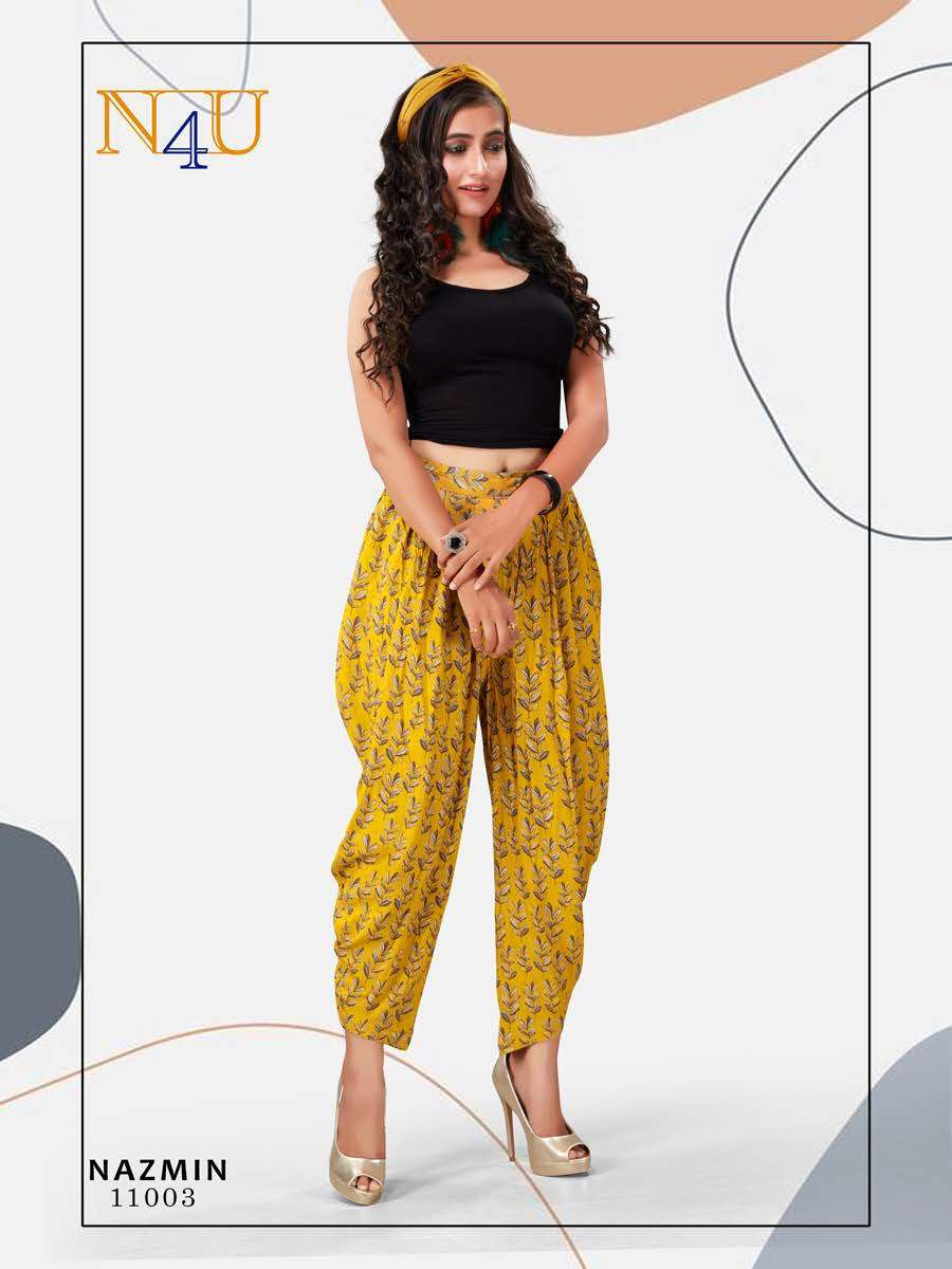 NAZMIN BY N4U 11001 TO 11008 SERIES BEAUTIFUL STYLISH FANCY COLORFUL PARTY WEAR & ETHNIC WEAR RAYON PRINTED DHOTI PANTS AT WHOLESALE PRICE