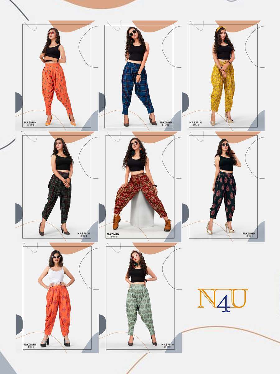 NAZMIN BY N4U 11001 TO 11008 SERIES BEAUTIFUL STYLISH FANCY COLORFUL PARTY WEAR & ETHNIC WEAR RAYON PRINTED DHOTI PANTS AT WHOLESALE PRICE