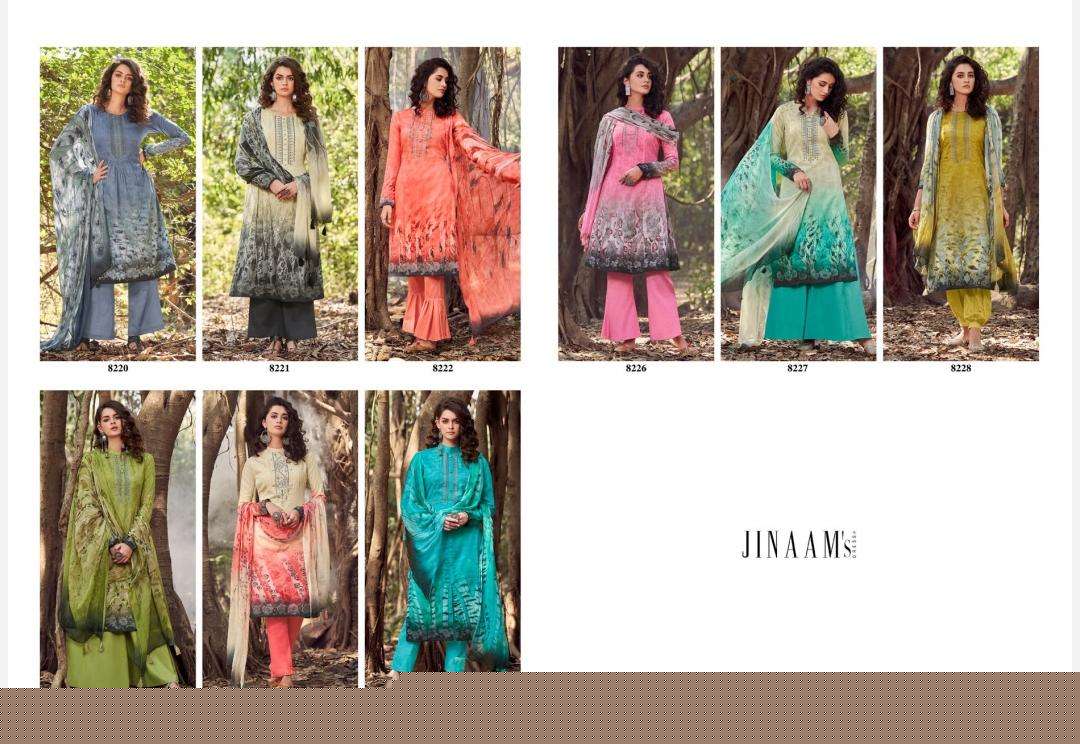 JINAAM MIRZA BY JINAAM DRESSES 8220 TO 8228 SERIES BEAUTIFUL SUITS STYLISH FANCY COLORFUL PARTY WEAR & OCCASIONAL WEAR COTTON SATIN DIGITAL PRINTED DRESSES AT WHOLESALE PRICE
