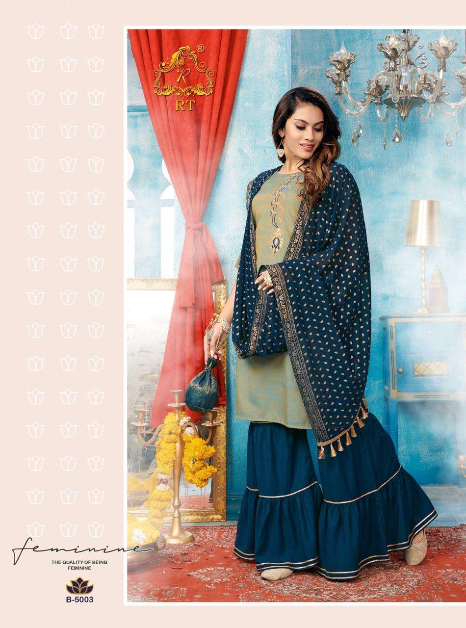 TJORI BY RT 5001 TO 5005 SERIES BEAUTIFUL STYLISH SHARARA SUITS FANCY COLORFUL CASUAL WEAR & ETHNIC WEAR & READY TO WEAR HEAVY VISCOSE PRINTED DRESSES AT WHOLESALE PRICE