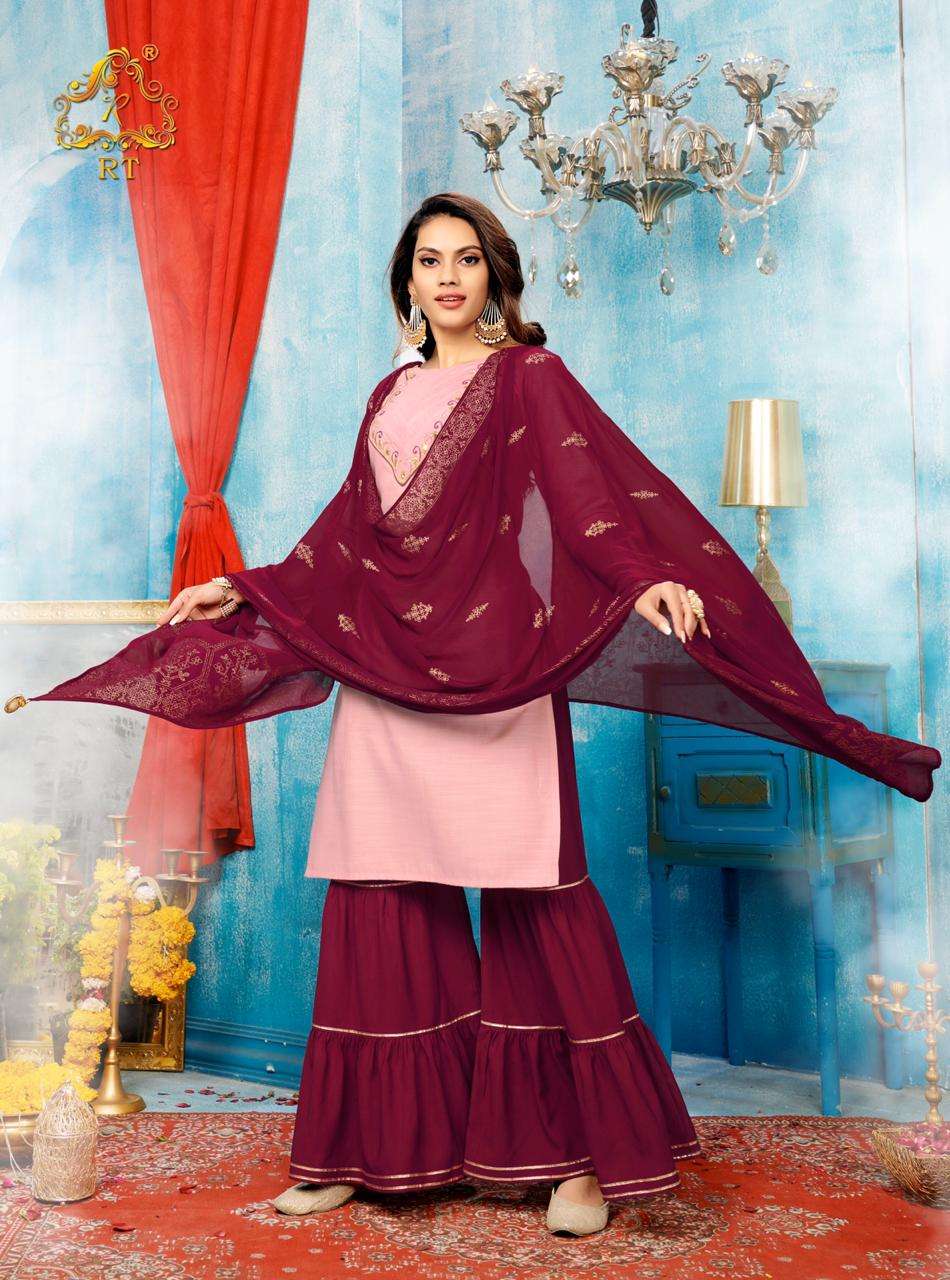 TJORI BY RT 5001 TO 5005 SERIES BEAUTIFUL STYLISH SHARARA SUITS FANCY COLORFUL CASUAL WEAR & ETHNIC WEAR & READY TO WEAR HEAVY VISCOSE PRINTED DRESSES AT WHOLESALE PRICE