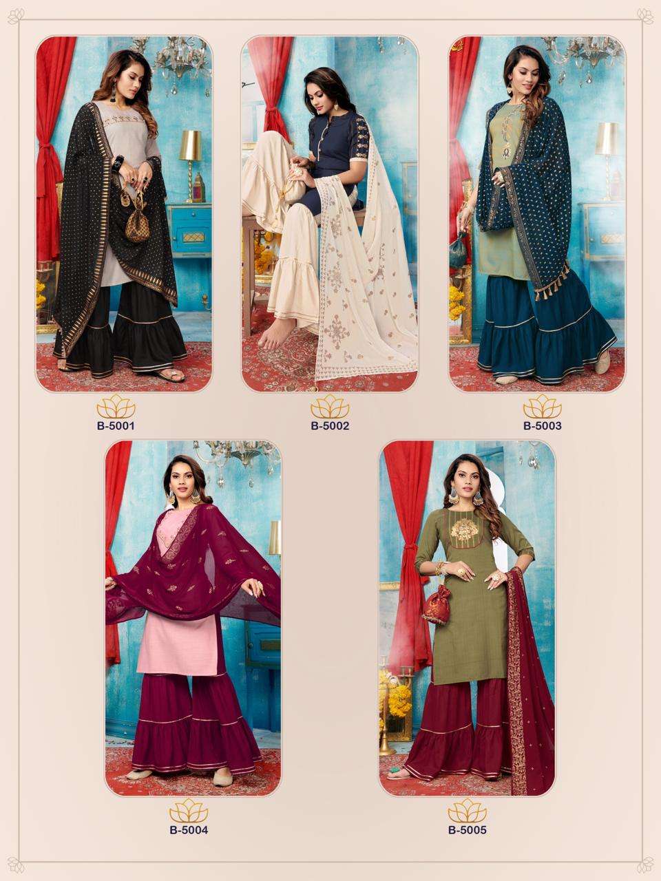 TJORI BY RT 5001 TO 5005 SERIES BEAUTIFUL STYLISH SHARARA SUITS FANCY COLORFUL CASUAL WEAR & ETHNIC WEAR & READY TO WEAR HEAVY VISCOSE PRINTED DRESSES AT WHOLESALE PRICE
