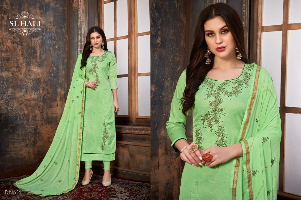KASHEESH BY SUHALI 21 TO 24 SERIES BEAUTIFUL SUITS STYLISH FANCY COLORFUL PARTY WEAR & OCCASIONAL WEAR SHINING SILK COTTON DRESSES AT WHOLESALE PRICE