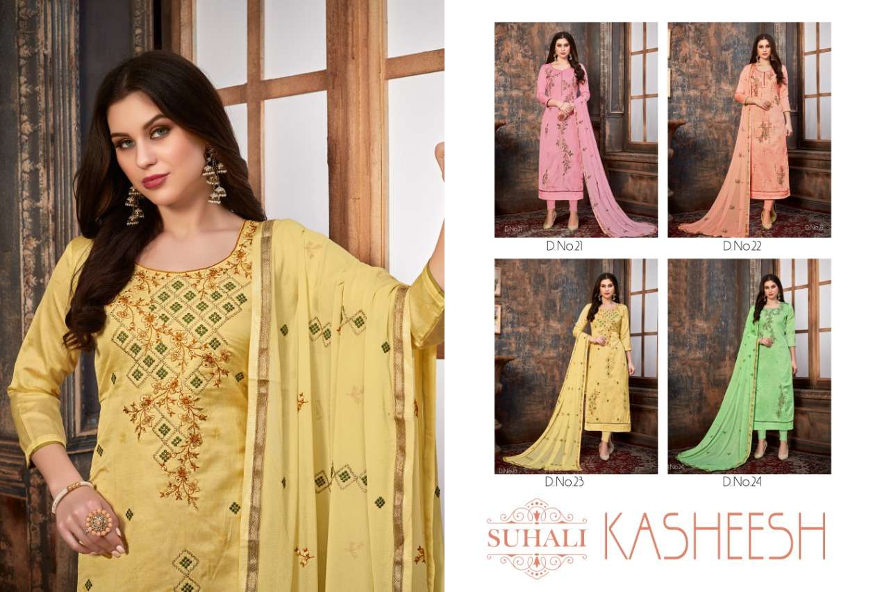 KASHEESH BY SUHALI 21 TO 24 SERIES BEAUTIFUL SUITS STYLISH FANCY COLORFUL PARTY WEAR & OCCASIONAL WEAR SHINING SILK COTTON DRESSES AT WHOLESALE PRICE