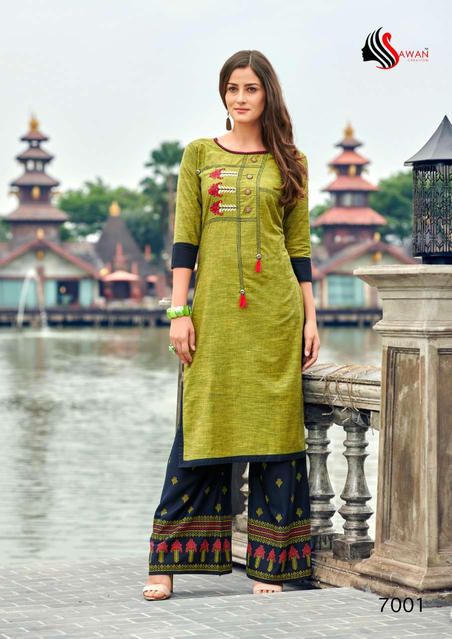 DANI VOL-7 BY SAWAN CREATION 7001 TO 7008 SERIES STYLISH FANCY COLORFUL COLLECTION CASUAL WEAR & ETHNIC WEAR PURE RAYON/LINEN EMBROIDERED KURTIS WITH BOTTOM AT WHOLESALE PRICE