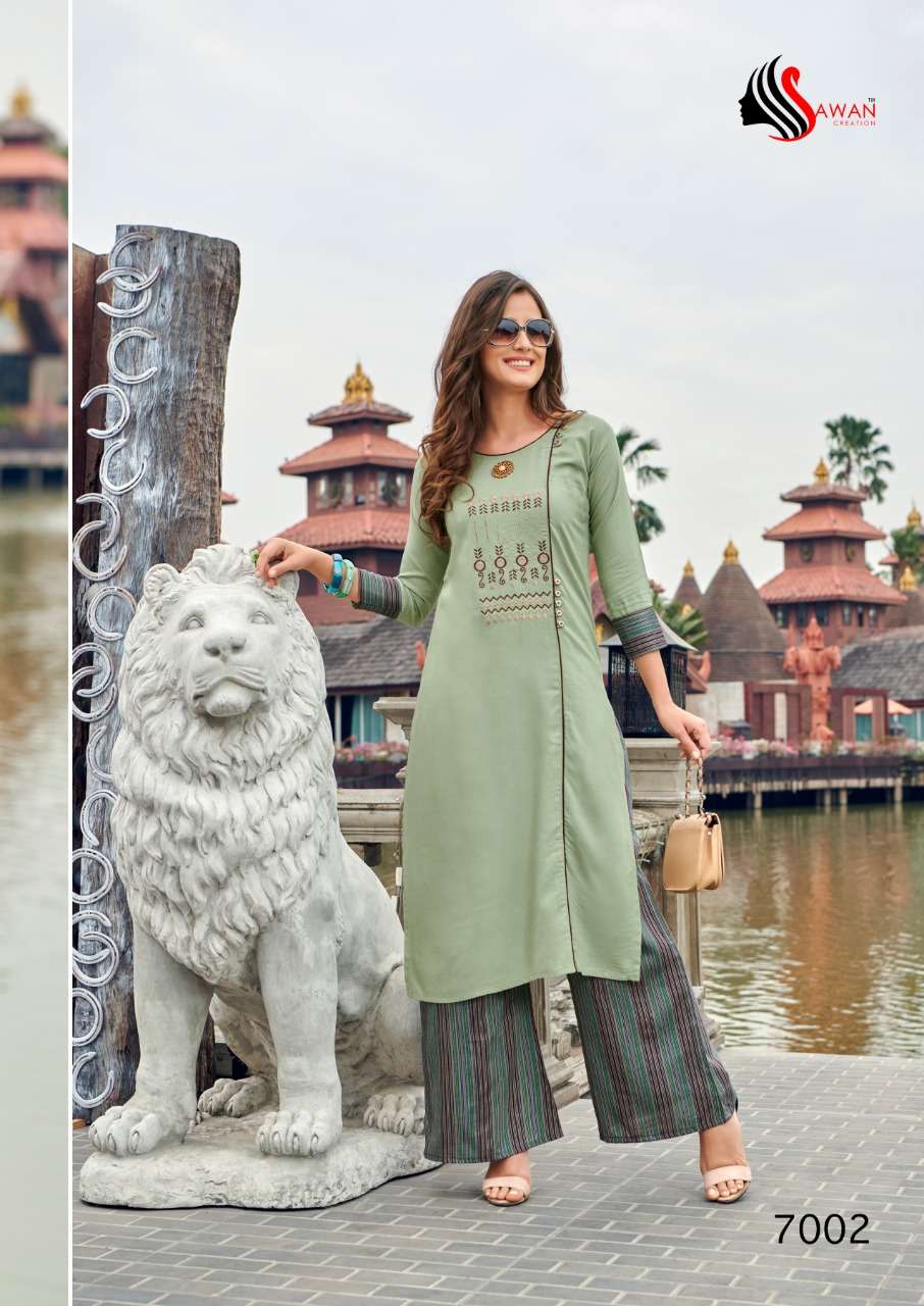 DANI VOL-7 BY SAWAN CREATION 7001 TO 7008 SERIES STYLISH FANCY COLORFUL COLLECTION CASUAL WEAR & ETHNIC WEAR PURE RAYON/LINEN EMBROIDERED KURTIS WITH BOTTOM AT WHOLESALE PRICE