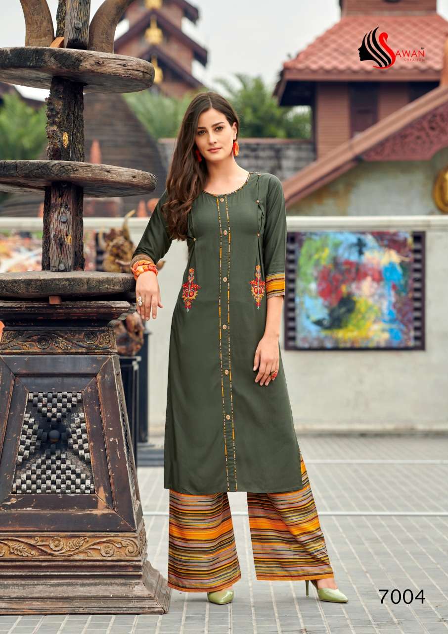 DANI VOL-7 BY SAWAN CREATION 7001 TO 7008 SERIES STYLISH FANCY COLORFUL COLLECTION CASUAL WEAR & ETHNIC WEAR PURE RAYON/LINEN EMBROIDERED KURTIS WITH BOTTOM AT WHOLESALE PRICE
