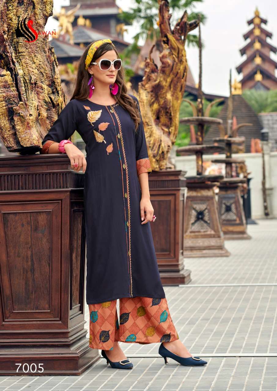 DANI VOL-7 BY SAWAN CREATION 7001 TO 7008 SERIES STYLISH FANCY COLORFUL COLLECTION CASUAL WEAR & ETHNIC WEAR PURE RAYON/LINEN EMBROIDERED KURTIS WITH BOTTOM AT WHOLESALE PRICE