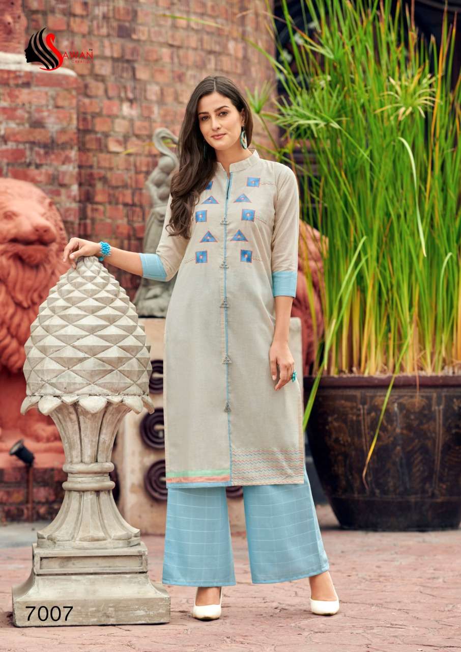DANI VOL-7 BY SAWAN CREATION 7001 TO 7008 SERIES STYLISH FANCY COLORFUL COLLECTION CASUAL WEAR & ETHNIC WEAR PURE RAYON/LINEN EMBROIDERED KURTIS WITH BOTTOM AT WHOLESALE PRICE