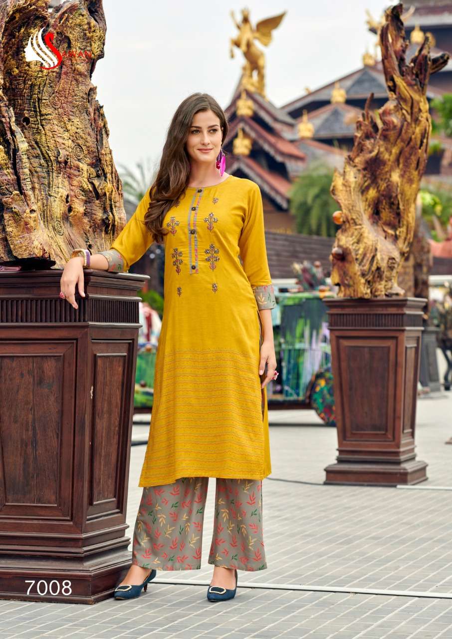 DANI VOL-7 BY SAWAN CREATION 7001 TO 7008 SERIES STYLISH FANCY COLORFUL COLLECTION CASUAL WEAR & ETHNIC WEAR PURE RAYON/LINEN EMBROIDERED KURTIS WITH BOTTOM AT WHOLESALE PRICE