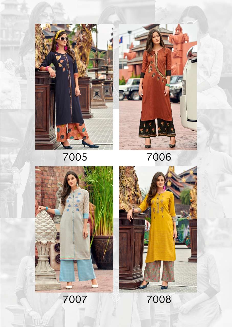 DANI VOL-7 BY SAWAN CREATION 7001 TO 7008 SERIES STYLISH FANCY COLORFUL COLLECTION CASUAL WEAR & ETHNIC WEAR PURE RAYON/LINEN EMBROIDERED KURTIS WITH BOTTOM AT WHOLESALE PRICE
