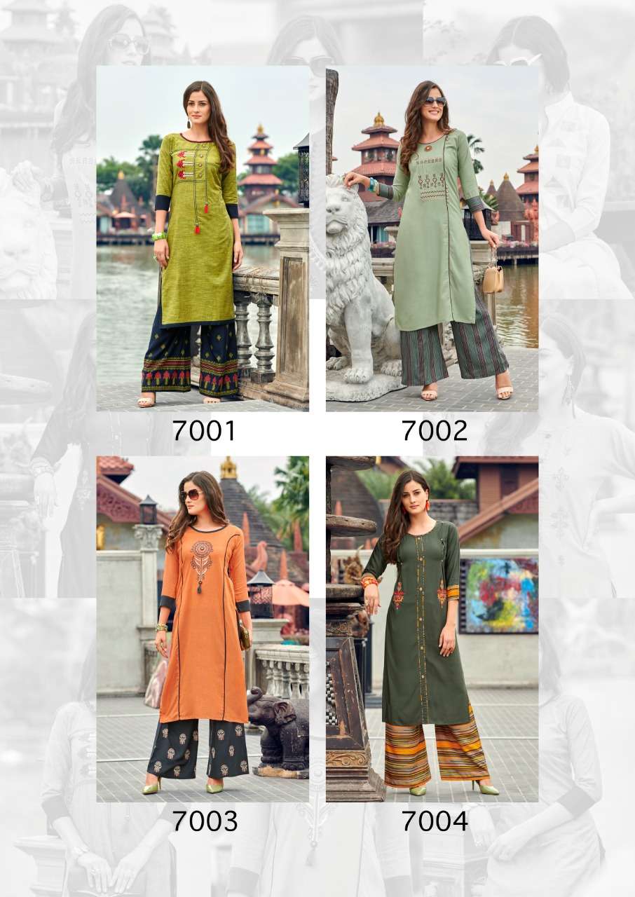 DANI VOL-7 BY SAWAN CREATION 7001 TO 7008 SERIES STYLISH FANCY COLORFUL COLLECTION CASUAL WEAR & ETHNIC WEAR PURE RAYON/LINEN EMBROIDERED KURTIS WITH BOTTOM AT WHOLESALE PRICE