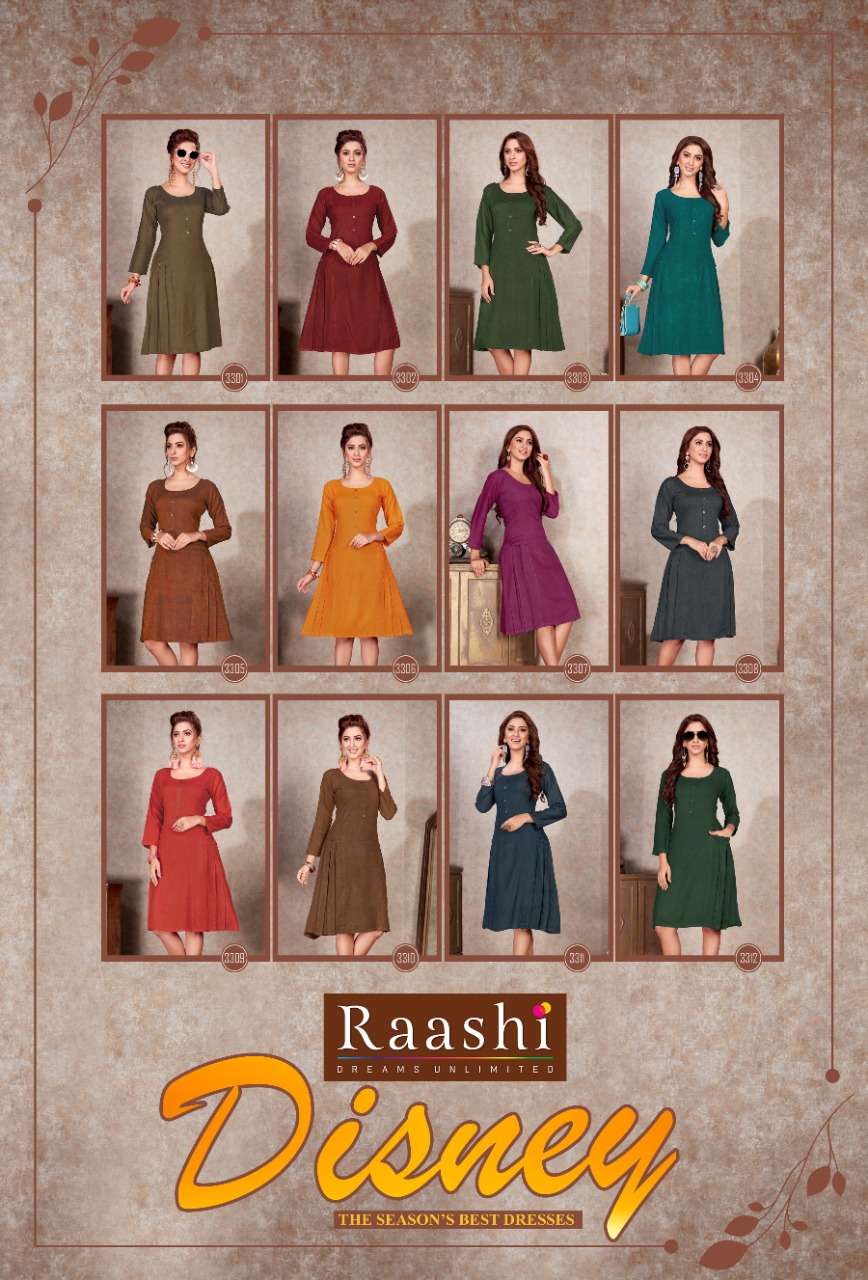 DISNEY BY RAASHI 3301 TO 3310 SERIES STYLISH FANCY BEAUTIFUL COLORFUL CASUAL WEAR & ETHNIC WEAR HEAVY RAYON TWO TONE KURTIS AT WHOLESALE PRICE