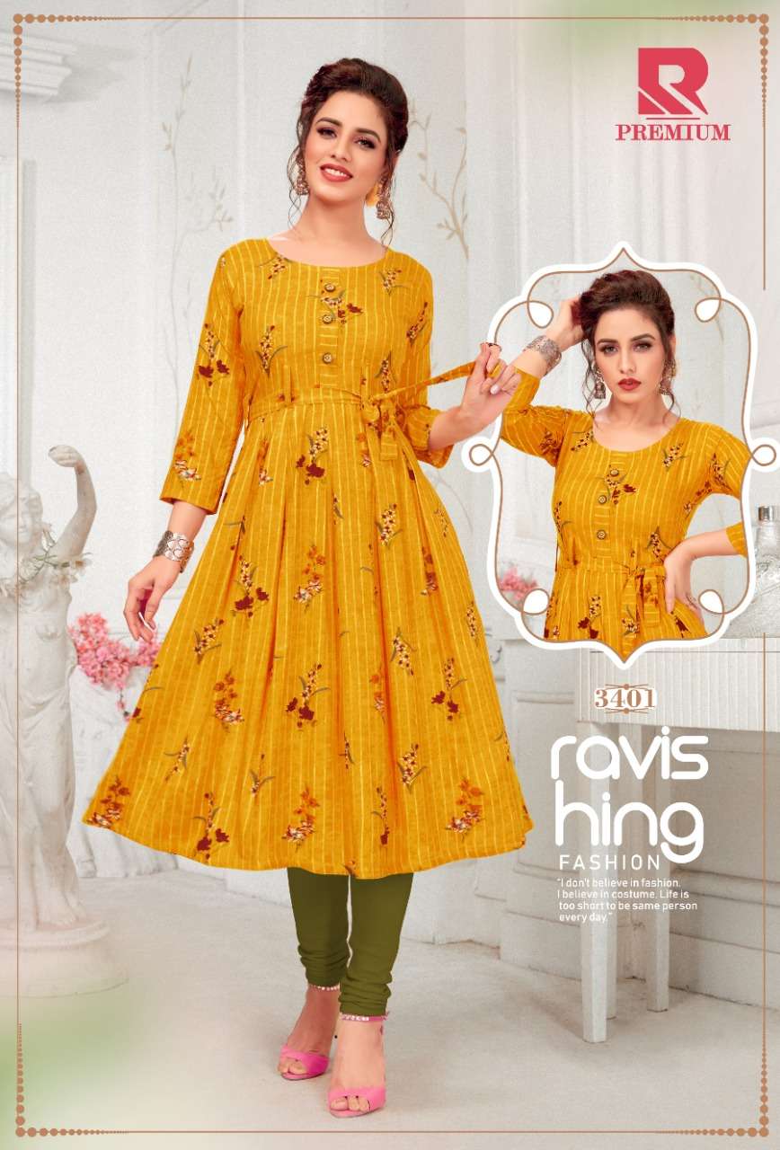 PREMIUM BY RAASHI 3401 TO 3412 SERIES STYLISH FANCY BEAUTIFUL COLORFUL CASUAL WEAR & ETHNIC WEAR HEAVY RAYON PRINTED KURTIS AT WHOLESALE PRICE