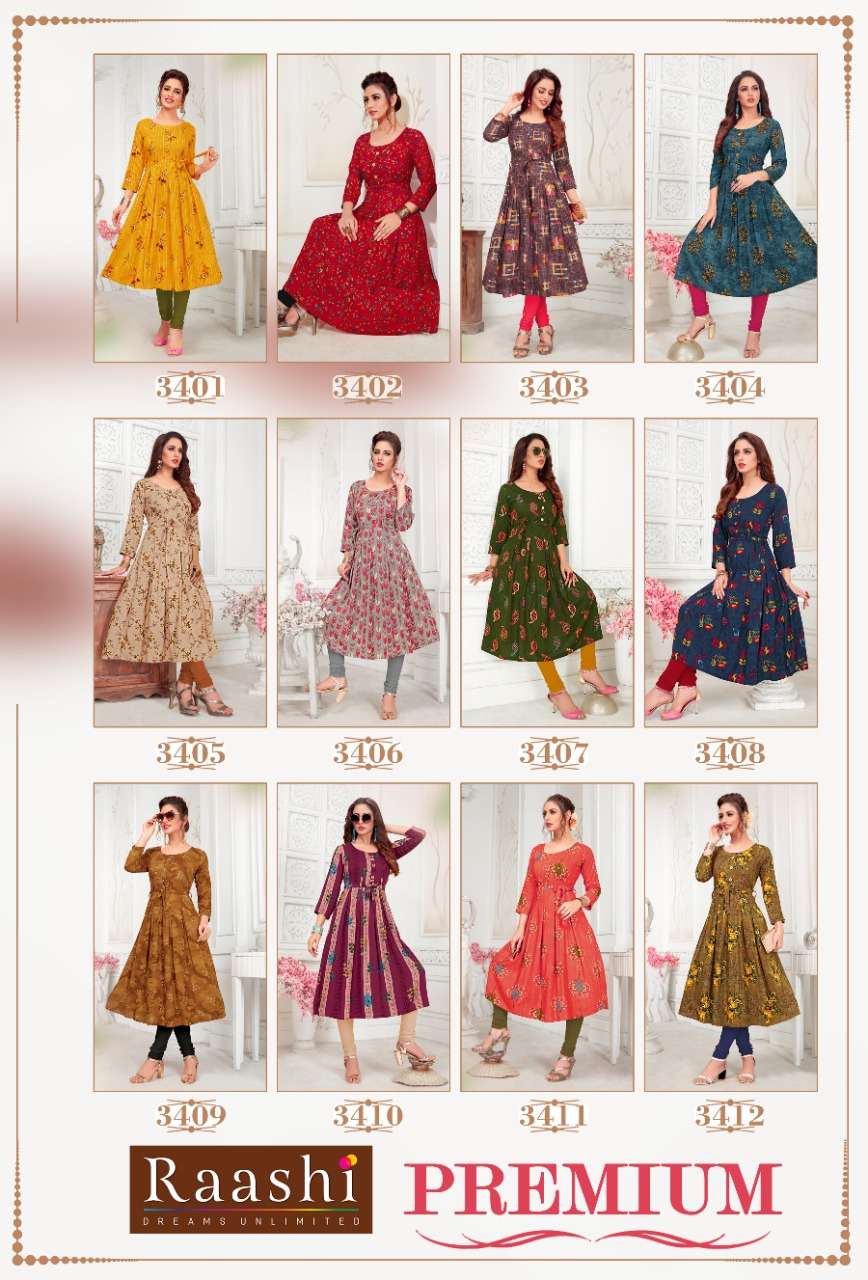 PREMIUM BY RAASHI 3401 TO 3412 SERIES STYLISH FANCY BEAUTIFUL COLORFUL CASUAL WEAR & ETHNIC WEAR HEAVY RAYON PRINTED KURTIS AT WHOLESALE PRICE