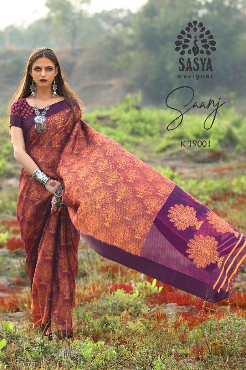 SAANJ BY SASYA DESIGNER 19001 TO 19010 SERIES INDIAN TRADITIONAL WEAR COLLECTION BEAUTIFUL STYLISH FANCY COLORFUL PARTY WEAR & OCCASIONAL WEAR SOFT LINEN SILK SAREES AT WHOLESALE PRICE