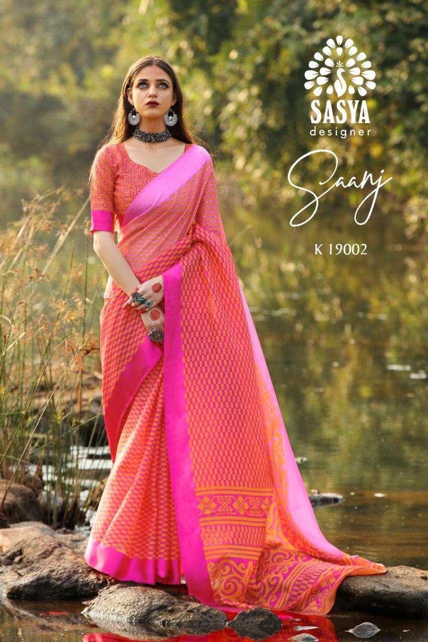 SAANJ BY SASYA DESIGNER 19001 TO 19010 SERIES INDIAN TRADITIONAL WEAR COLLECTION BEAUTIFUL STYLISH FANCY COLORFUL PARTY WEAR & OCCASIONAL WEAR SOFT LINEN SILK SAREES AT WHOLESALE PRICE