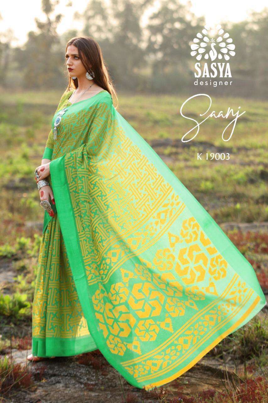 SAANJ BY SASYA DESIGNER 19001 TO 19010 SERIES INDIAN TRADITIONAL WEAR COLLECTION BEAUTIFUL STYLISH FANCY COLORFUL PARTY WEAR & OCCASIONAL WEAR SOFT LINEN SILK SAREES AT WHOLESALE PRICE
