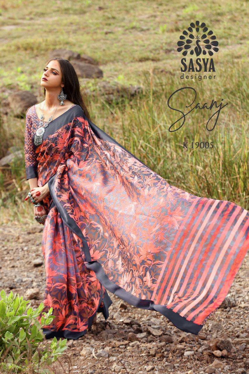 SAANJ BY SASYA DESIGNER 19001 TO 19010 SERIES INDIAN TRADITIONAL WEAR COLLECTION BEAUTIFUL STYLISH FANCY COLORFUL PARTY WEAR & OCCASIONAL WEAR SOFT LINEN SILK SAREES AT WHOLESALE PRICE