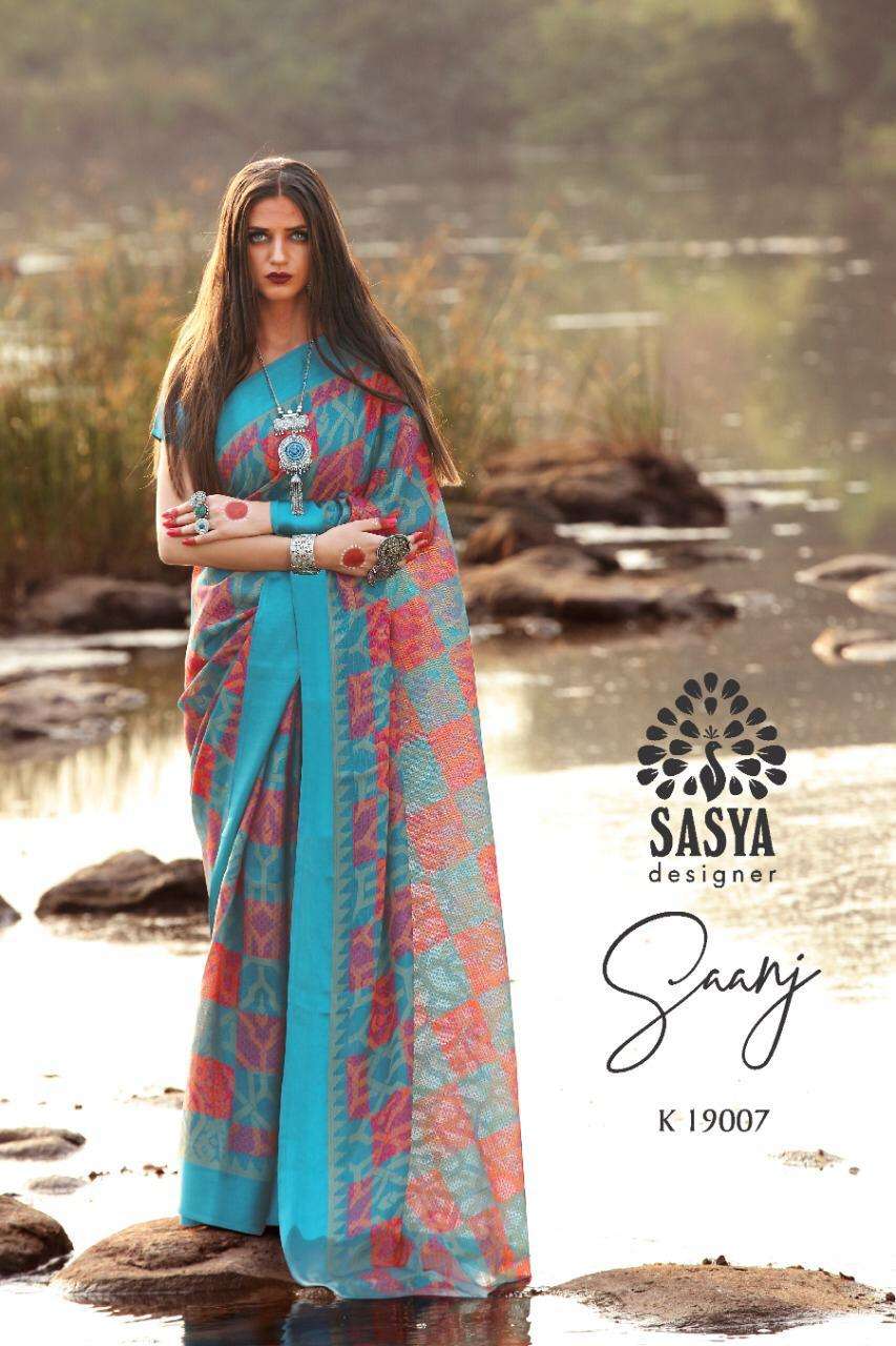 SAANJ BY SASYA DESIGNER 19001 TO 19010 SERIES INDIAN TRADITIONAL WEAR COLLECTION BEAUTIFUL STYLISH FANCY COLORFUL PARTY WEAR & OCCASIONAL WEAR SOFT LINEN SILK SAREES AT WHOLESALE PRICE
