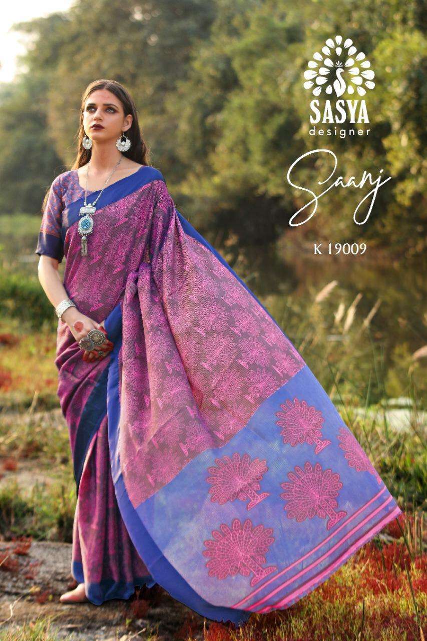 SAANJ BY SASYA DESIGNER 19001 TO 19010 SERIES INDIAN TRADITIONAL WEAR COLLECTION BEAUTIFUL STYLISH FANCY COLORFUL PARTY WEAR & OCCASIONAL WEAR SOFT LINEN SILK SAREES AT WHOLESALE PRICE