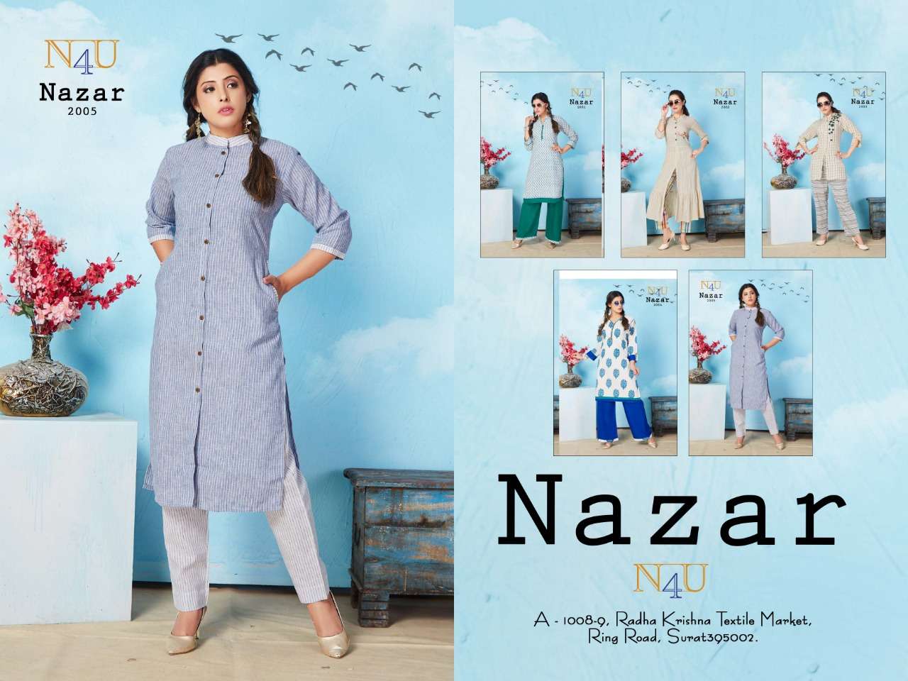 NAZAR BY N4U 2001 TO 2005 SERIES STYLISH FANCY COLORFUL COLLECTION CASUAL WEAR & ETHNIC WEAR PURE KHADI COTTON KURTIS WITH BOTTOM AT WHOLESALE PRICE