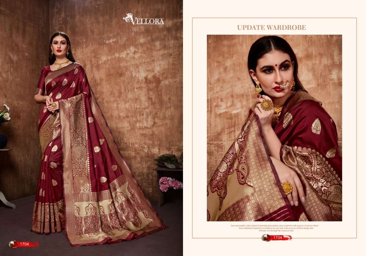 VELLORA SAREES VOL-7 BY VELLORA 1701 TO 1707 SERIES INDIAN TRADITIONAL WEAR COLLECTION BEAUTIFUL STYLISH FANCY COLORFUL PARTY WEAR & OCCASIONAL WEAR BANARASI SILK SAREES AT WHOLESALE PRICE