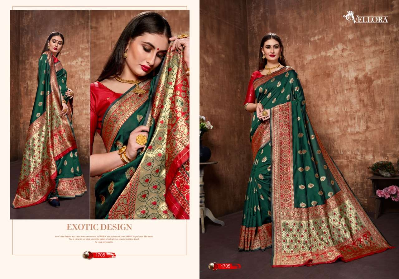 VELLORA SAREES VOL-7 BY VELLORA 1701 TO 1707 SERIES INDIAN TRADITIONAL WEAR COLLECTION BEAUTIFUL STYLISH FANCY COLORFUL PARTY WEAR & OCCASIONAL WEAR BANARASI SILK SAREES AT WHOLESALE PRICE