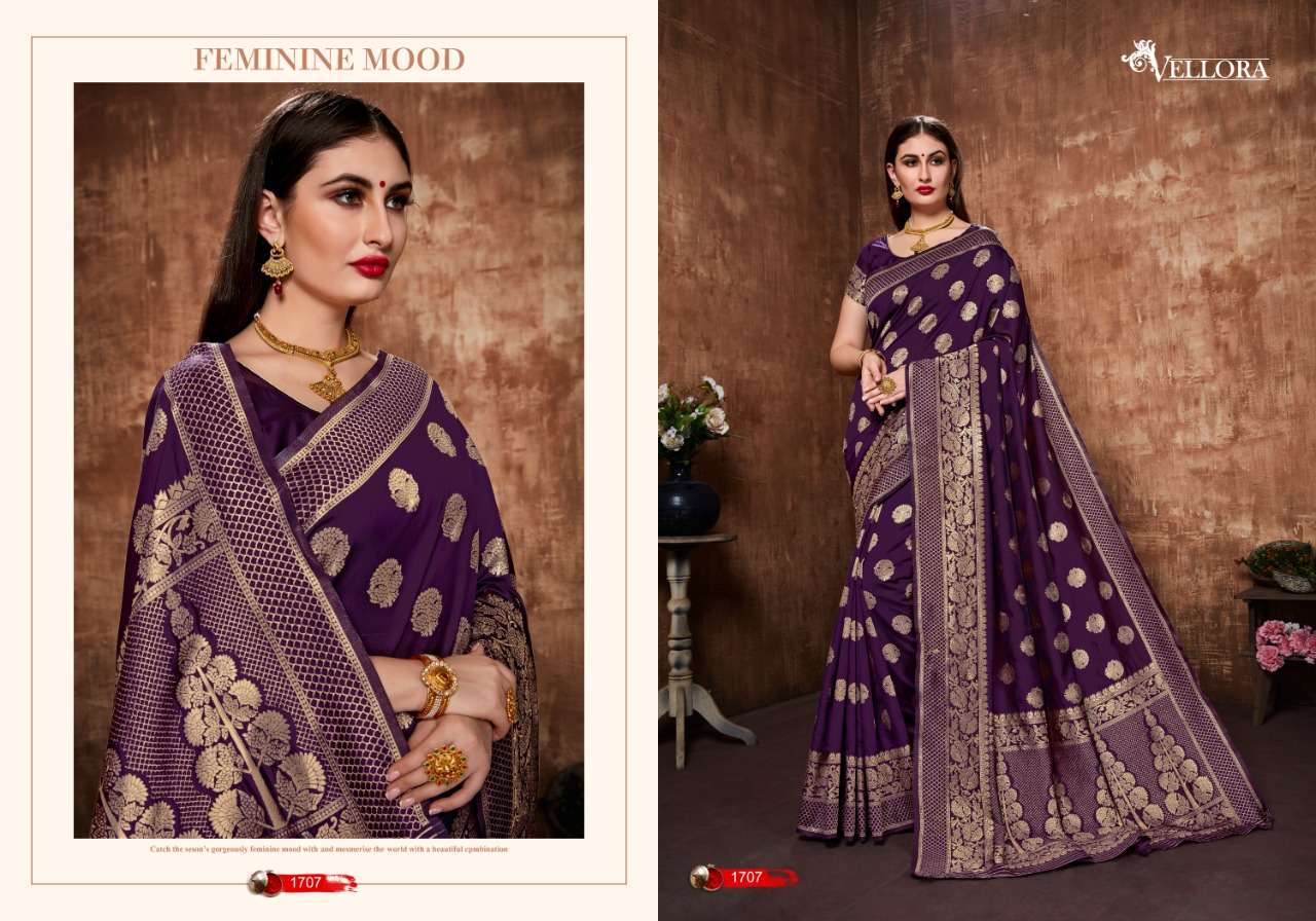 VELLORA SAREES VOL-7 BY VELLORA 1701 TO 1707 SERIES INDIAN TRADITIONAL WEAR COLLECTION BEAUTIFUL STYLISH FANCY COLORFUL PARTY WEAR & OCCASIONAL WEAR BANARASI SILK SAREES AT WHOLESALE PRICE