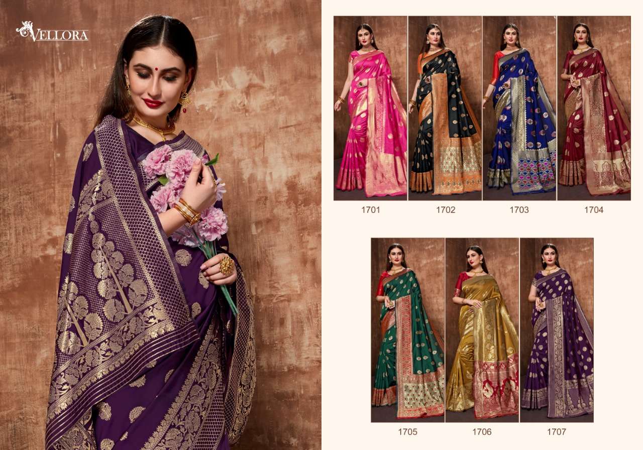 VELLORA SAREES VOL-7 BY VELLORA 1701 TO 1707 SERIES INDIAN TRADITIONAL WEAR COLLECTION BEAUTIFUL STYLISH FANCY COLORFUL PARTY WEAR & OCCASIONAL WEAR BANARASI SILK SAREES AT WHOLESALE PRICE