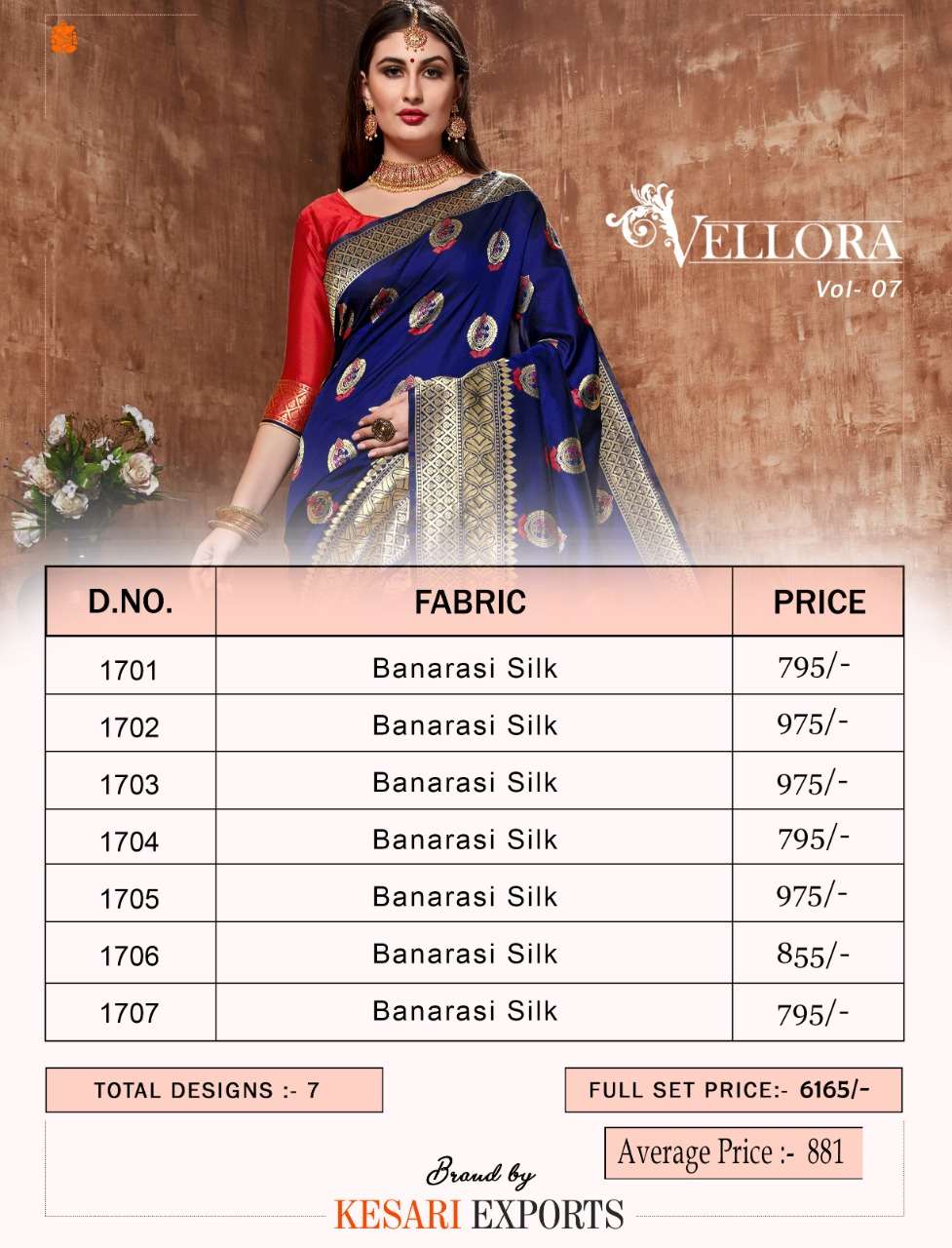 VELLORA SAREES VOL-7 BY VELLORA 1701 TO 1707 SERIES INDIAN TRADITIONAL WEAR COLLECTION BEAUTIFUL STYLISH FANCY COLORFUL PARTY WEAR & OCCASIONAL WEAR BANARASI SILK SAREES AT WHOLESALE PRICE