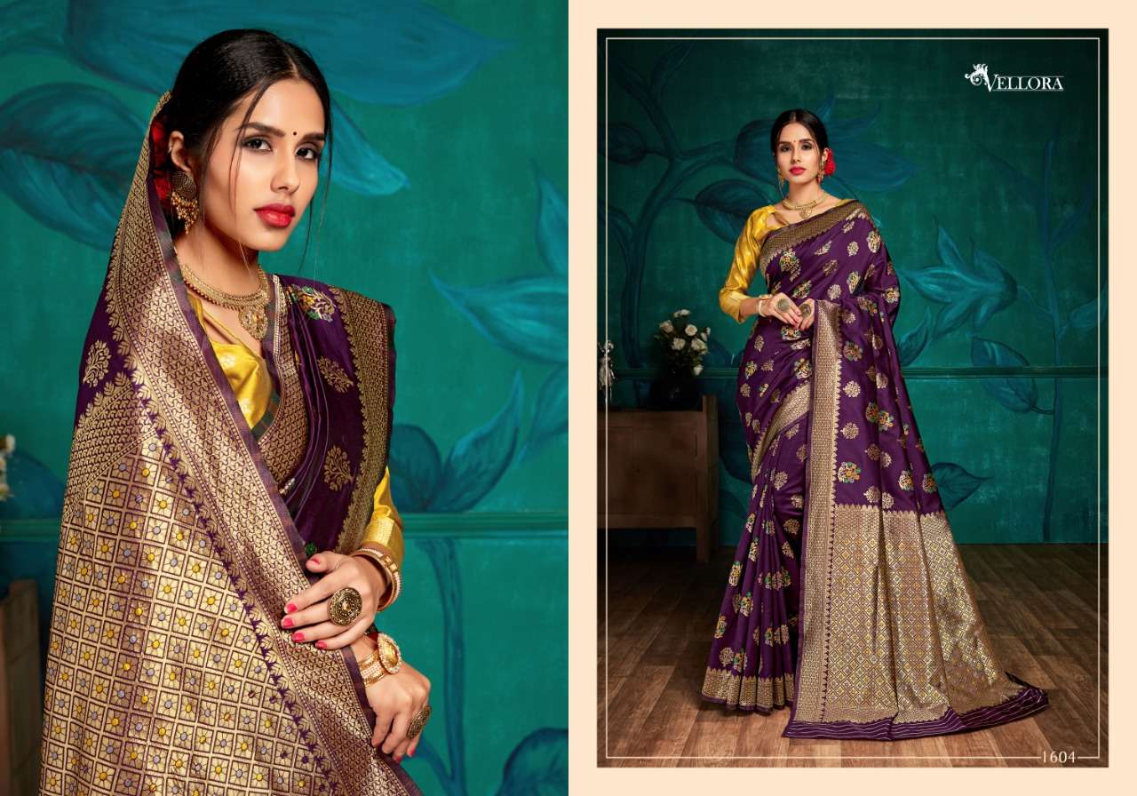 VELLORA SAREES VOL-6 BY VELLORA 1601 TO 1604 SERIES INDIAN TRADITIONAL WEAR COLLECTION BEAUTIFUL STYLISH FANCY COLORFUL PARTY WEAR & OCCASIONAL WEAR BANAARSI SILK SAREES AT WHOLESALE PRICE
